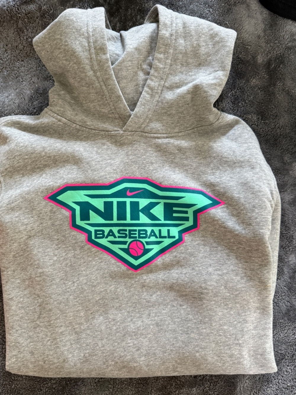 Nike Kids Gray Hoodie with Neon Green and Pink Baseball Logo